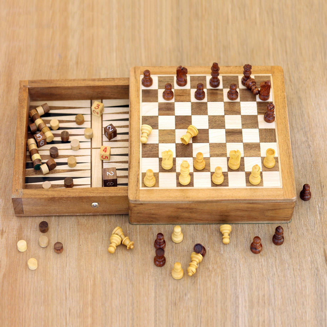 Mini Acacia Wood Chess and Backgammon Game Set - Double Trouble