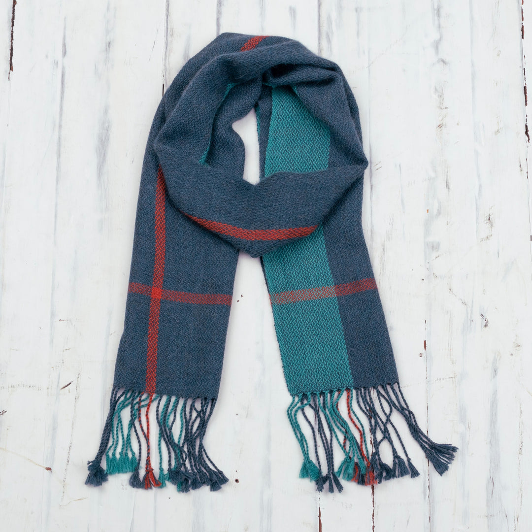 100% Baby Alpaca Handwoven Plaid Wrap Scarf from Peru - Deep Plaid