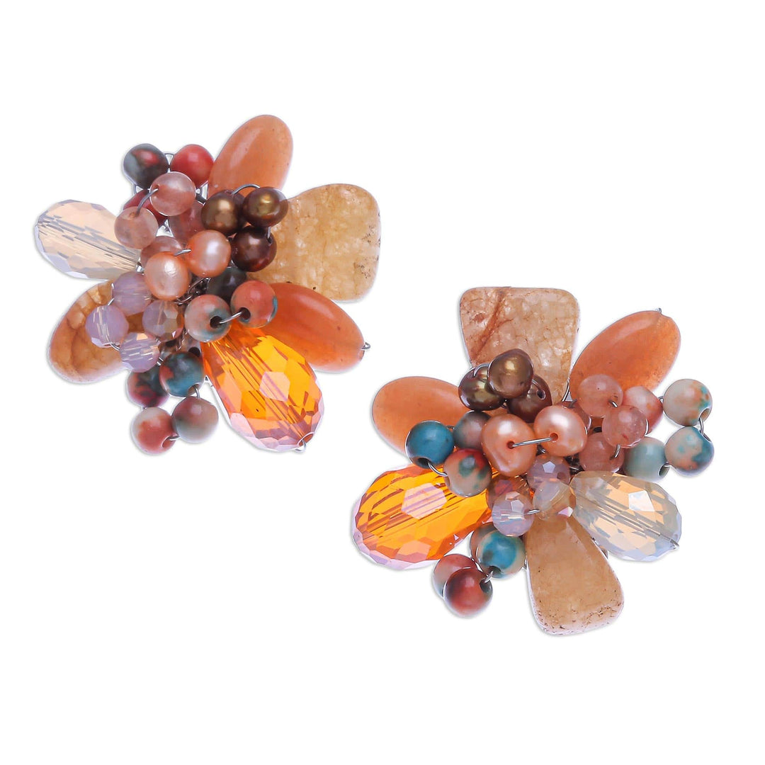 Quartz and Cultured Pearl Cluster Clip-On Earrings - Solaris in Orange