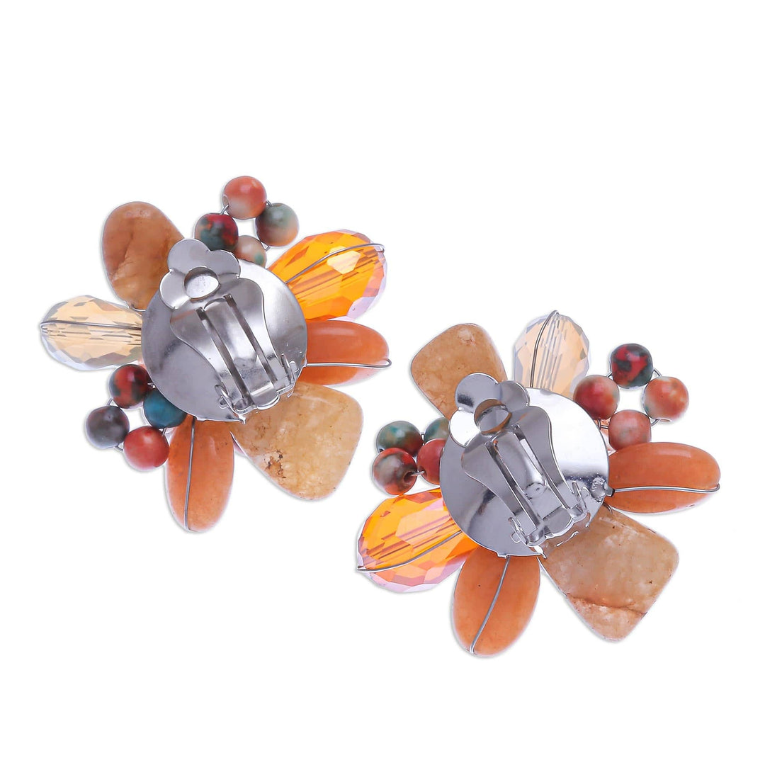 Quartz and Cultured Pearl Cluster Clip-On Earrings - Solaris in Orange