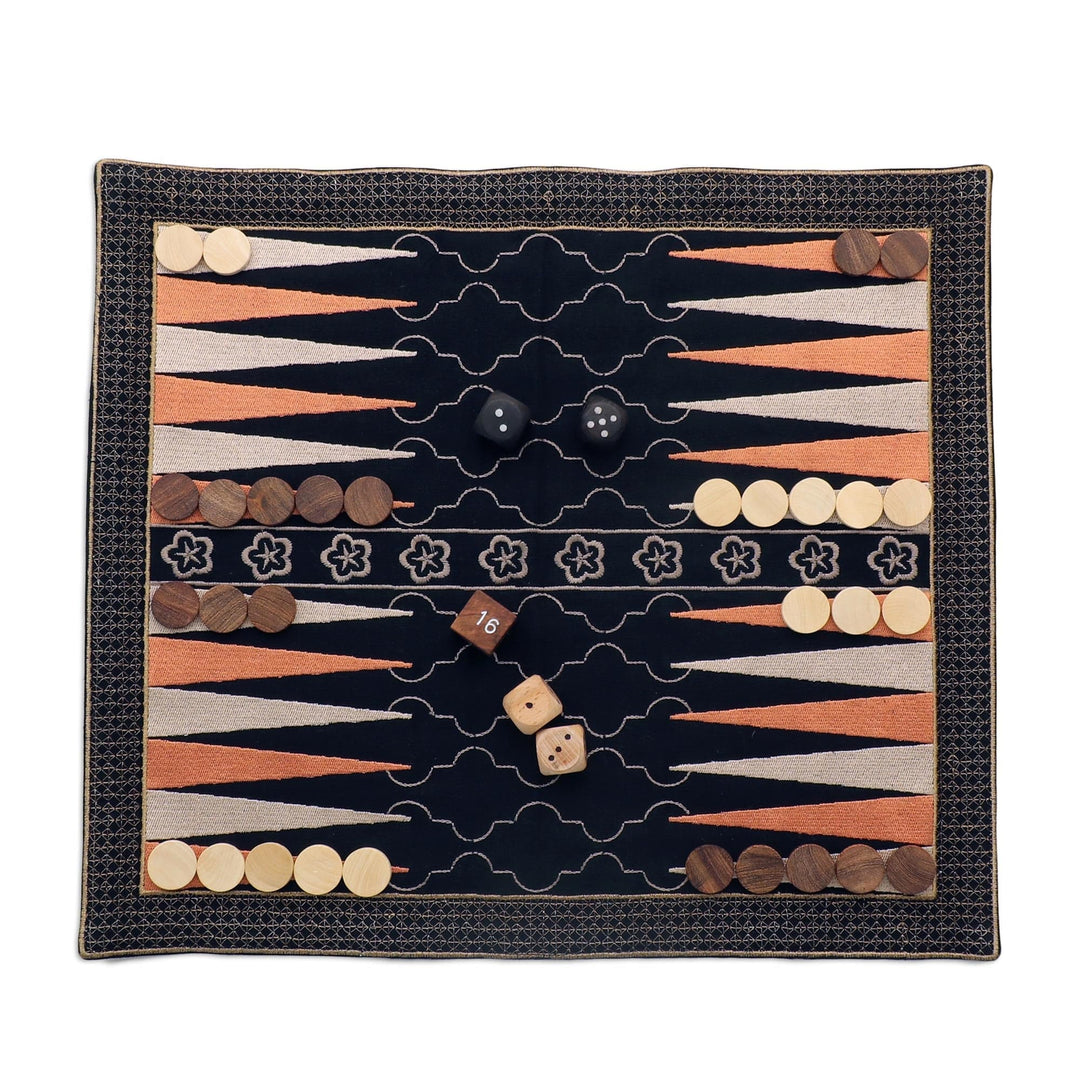Canvas Backgammon Set with Embroidery - Ganga Star in Taupe