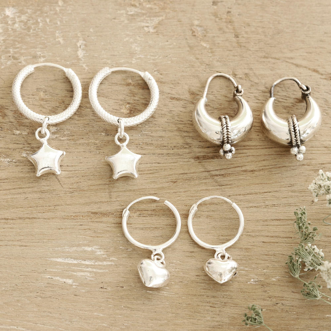 Hand Crafted Sterling Silver Hoop Earrings - Heart and Star