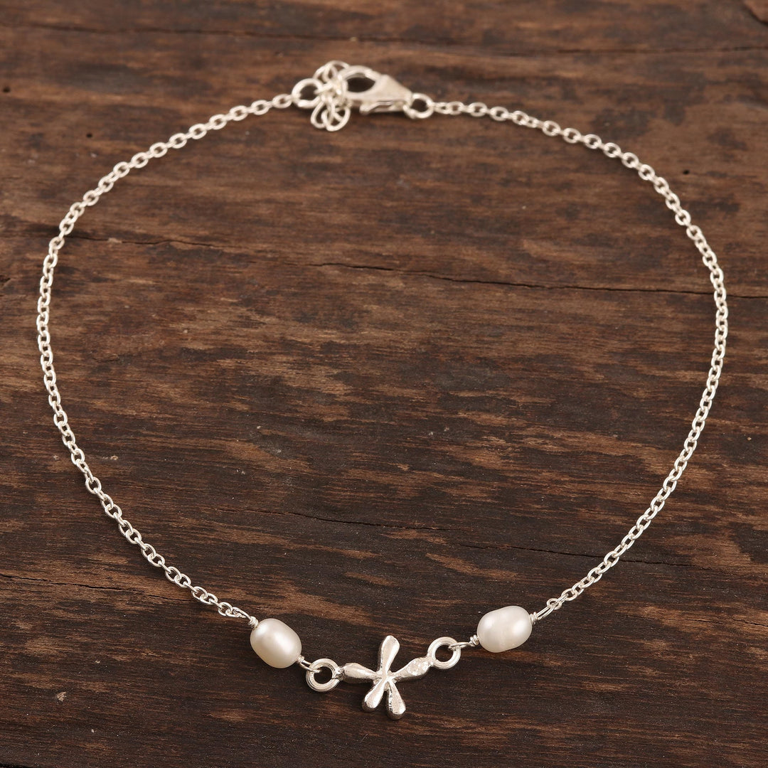 Cultured Pearl and Sterling Silver Anklet - Dragonfly Over Water