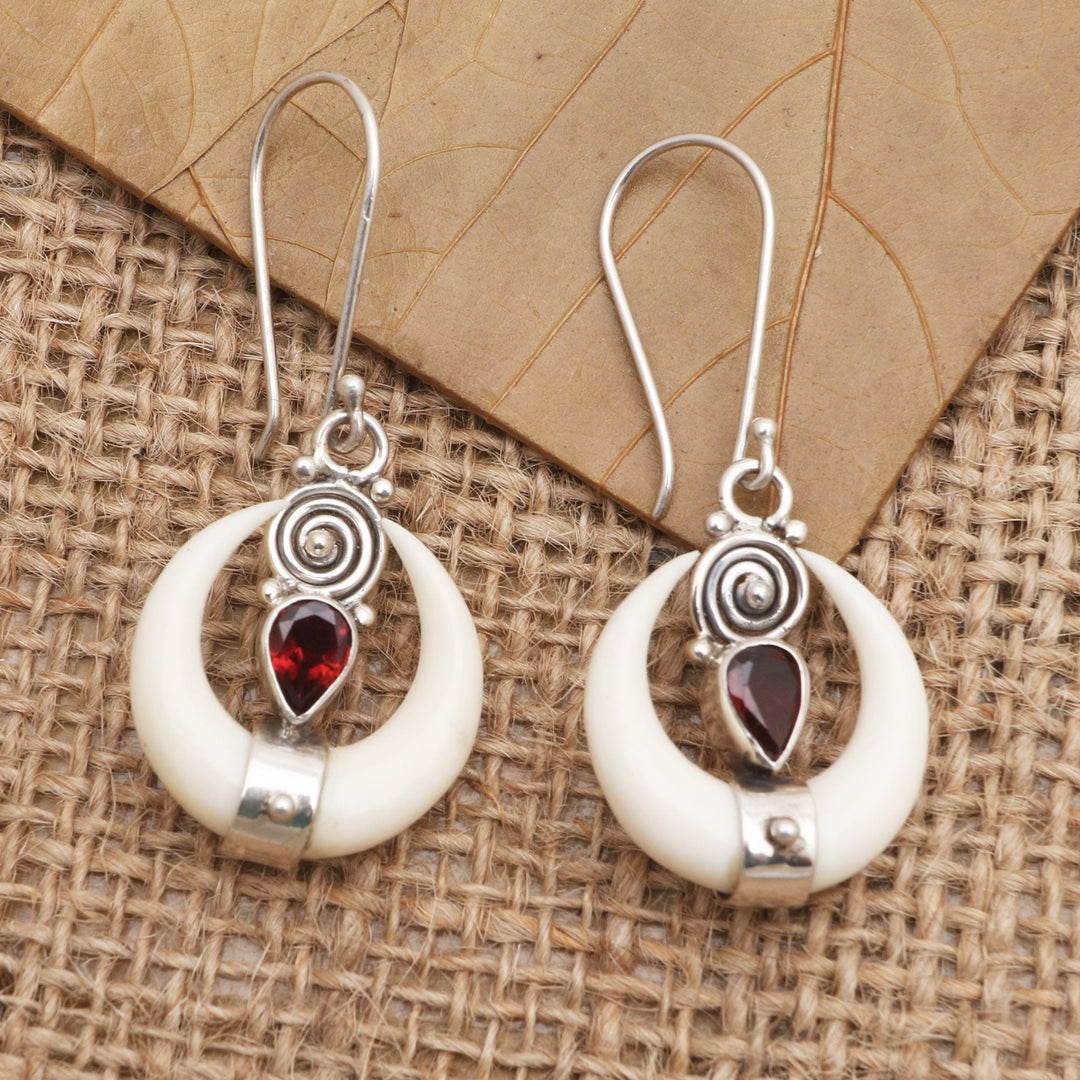 Handmade Garnet and Sterling Silver Dangle Earrings - Bright Crescent