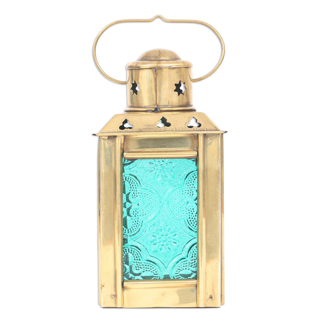 Green Pressed Glass and Brass Tealight Holder - Lantern in Green