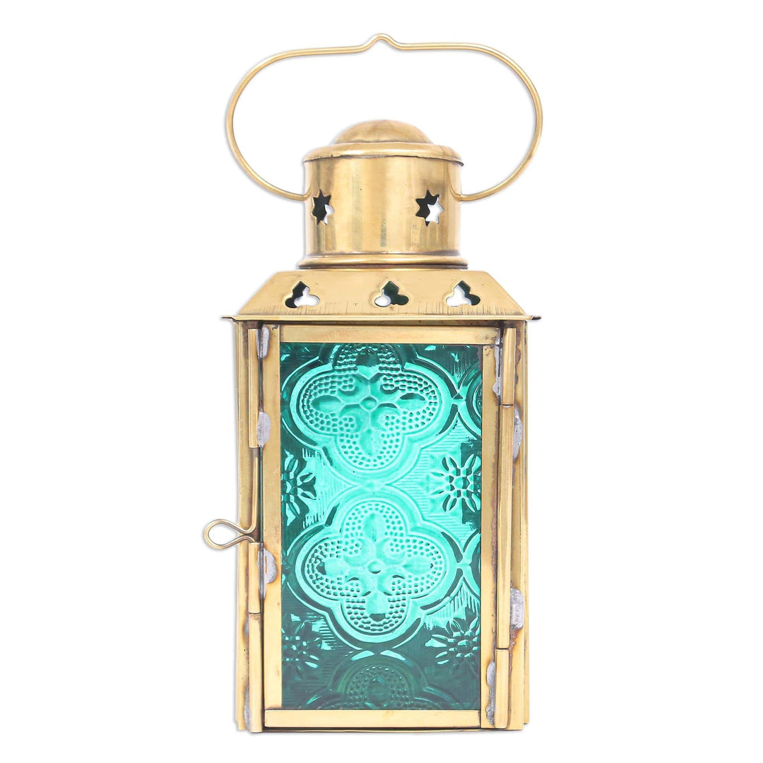 Green Pressed Glass and Brass Tealight Holder - Lantern in Green