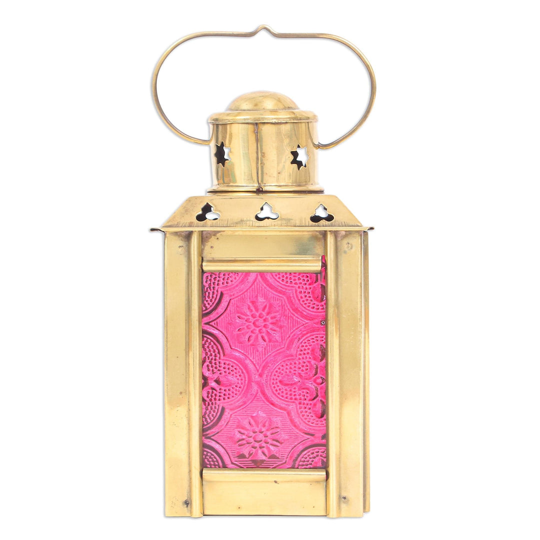 Red Pressed Glass and Brass Tealight Holder - Lantern in Red
