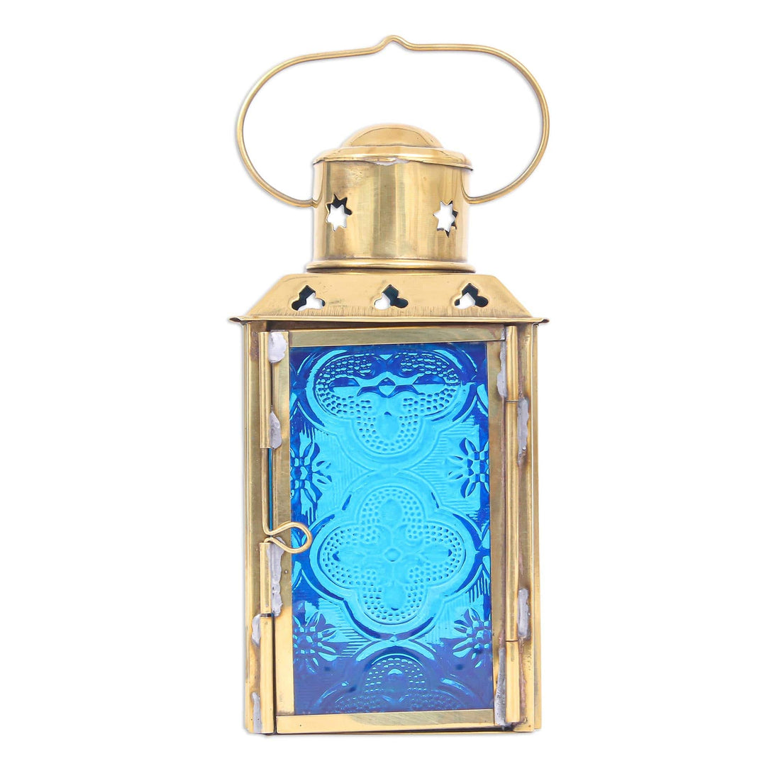 Blue Pressed Glass and Brass Tealight Holder - Lantern in Blue