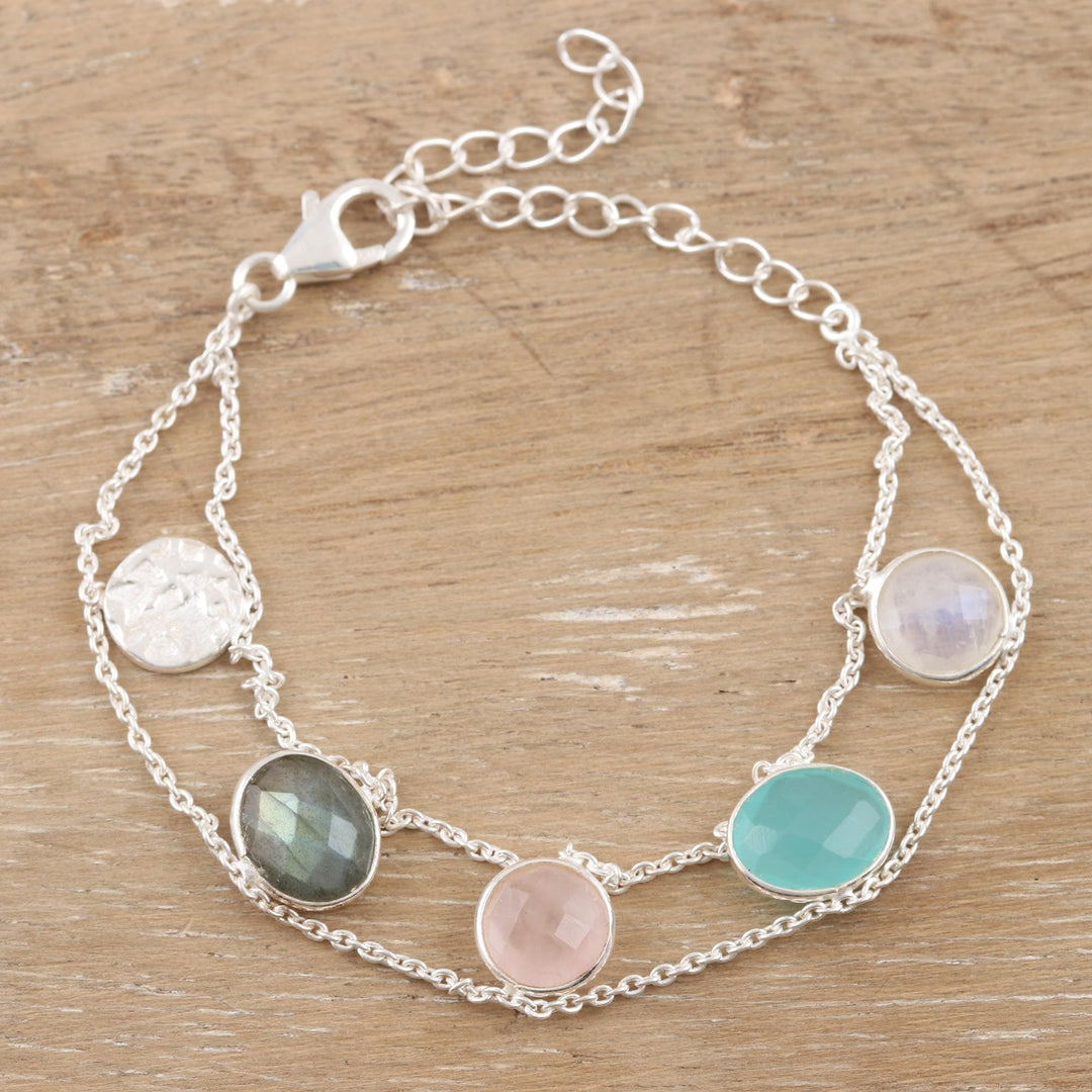 Rainbow Moonstone and Rose Quartz Charm Bracelet - Seaside Town
