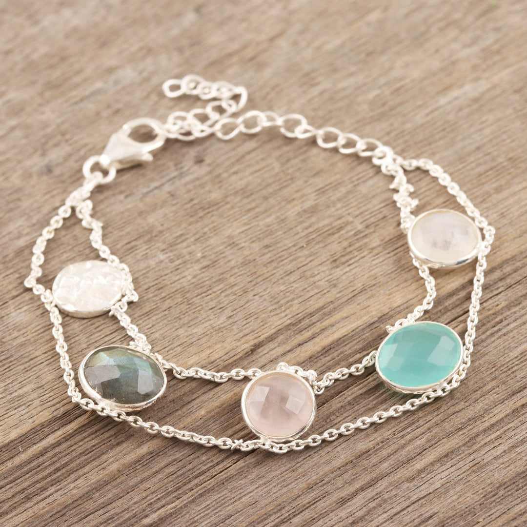 Rainbow Moonstone and Rose Quartz Charm Bracelet - Seaside Town
