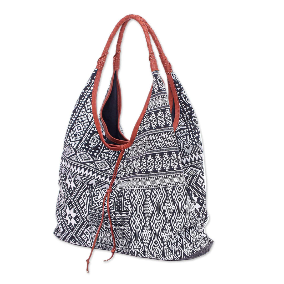 Woven Cotton Blend Hobo Handbag - Geometric Classic