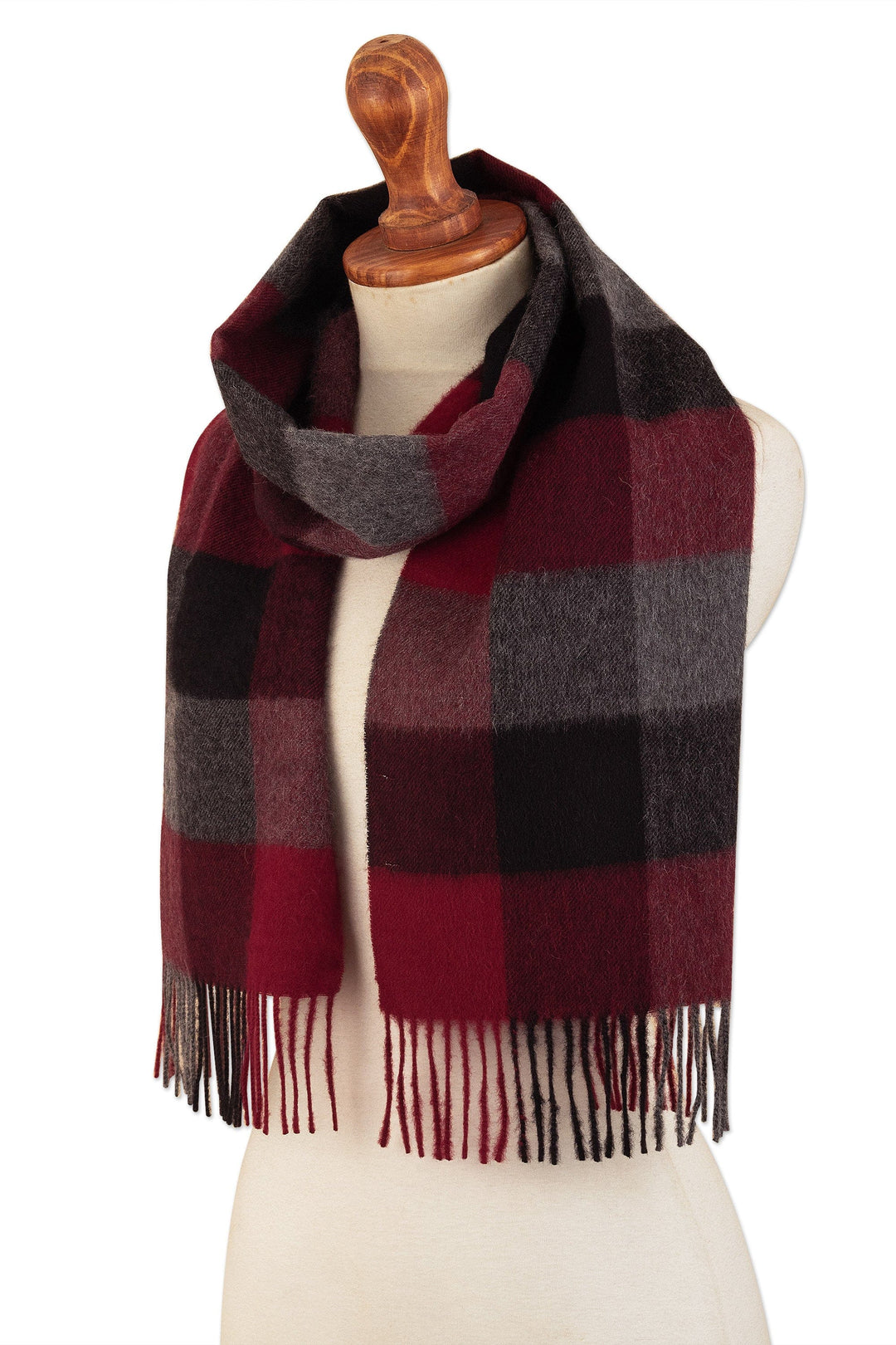 Very Soft Red and Black Plaid Alpaca Wool  Scarf - Red Squared