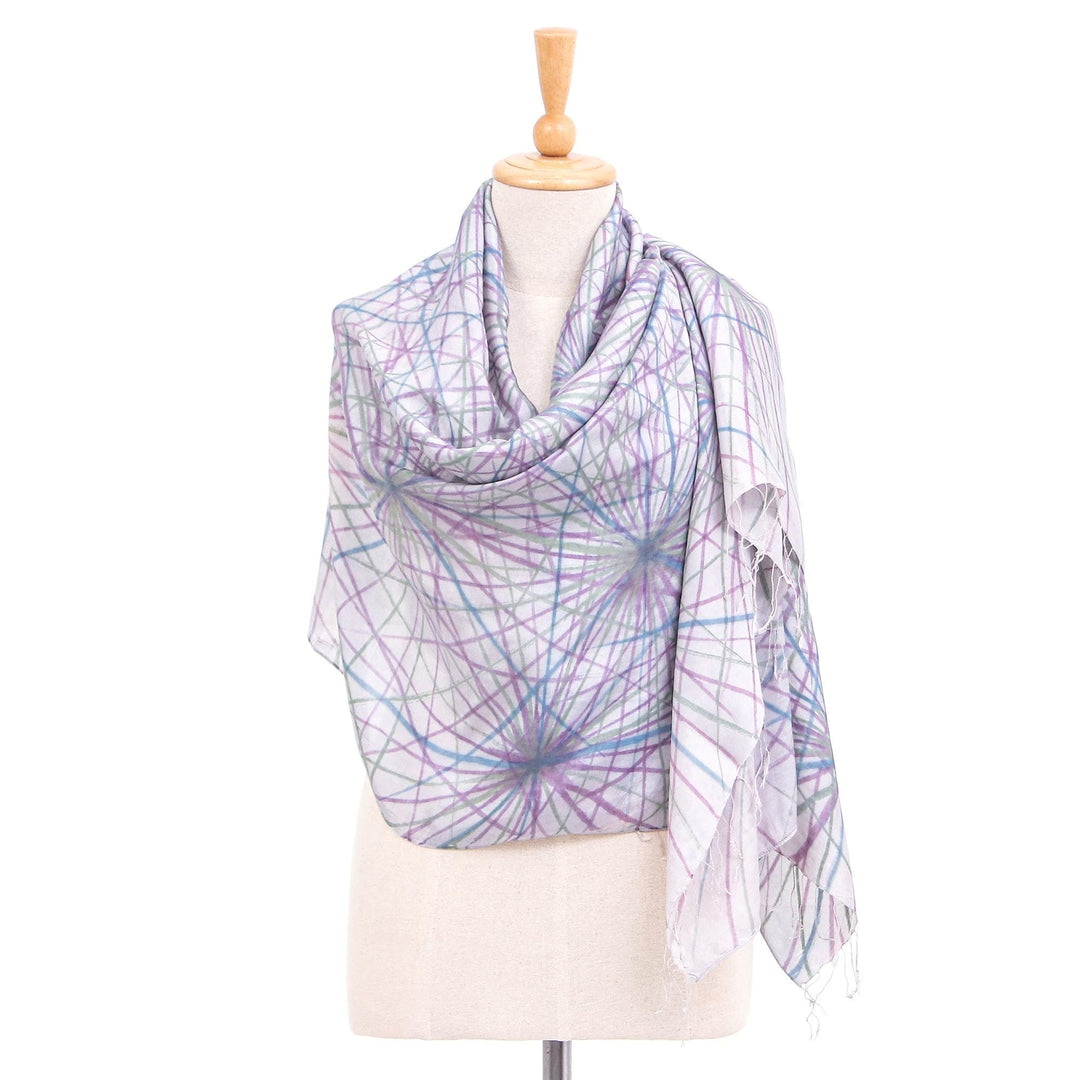 Hand-Painted Abstract-Motif Silk Shawl - Firework Festival in Grey