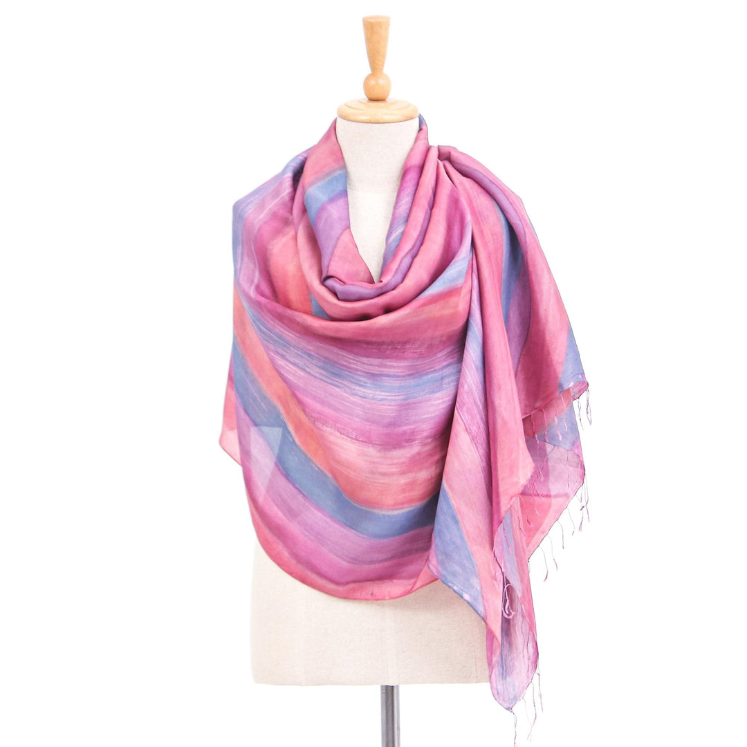 Hand-Painted Striped Silk Shawl - Flowing Water