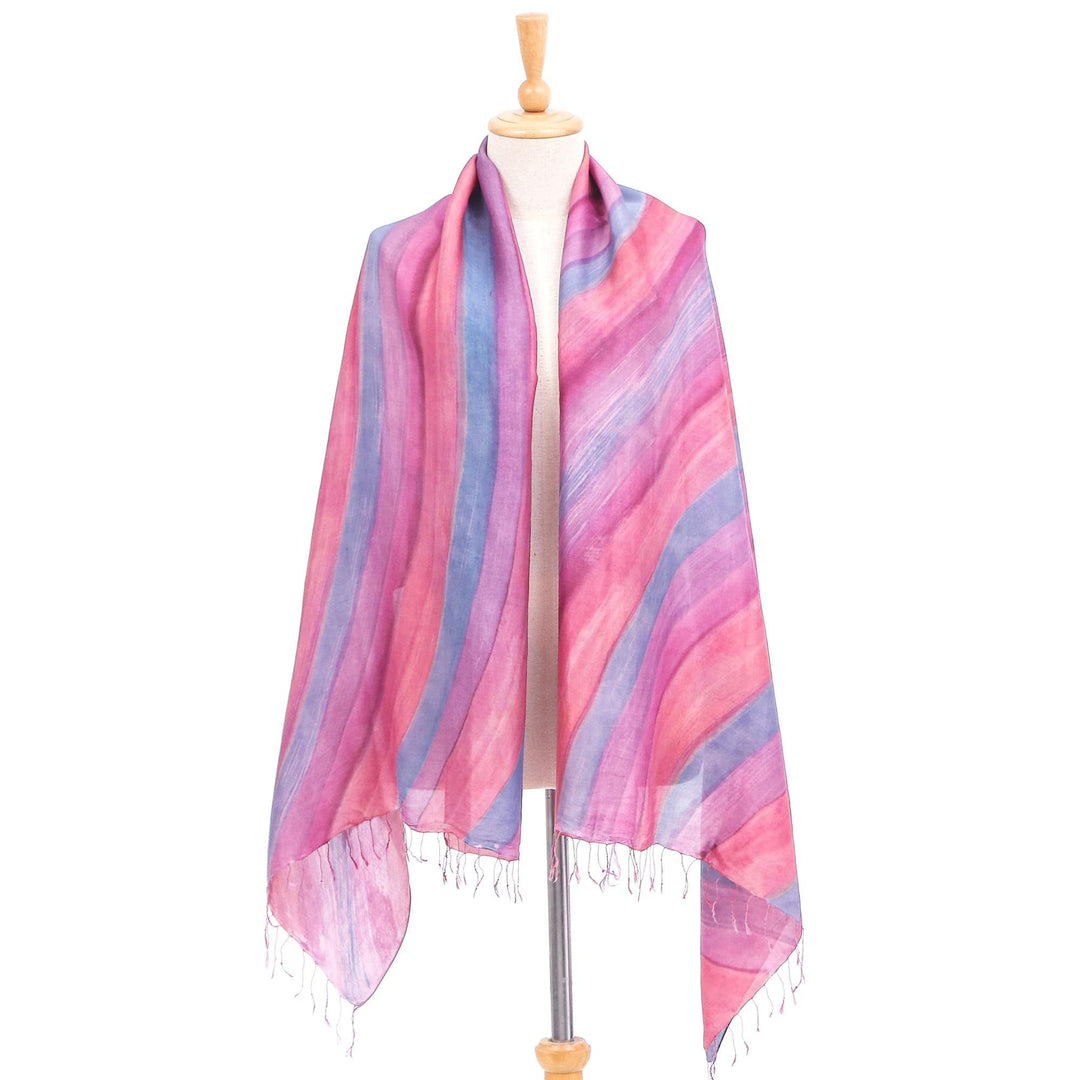 Hand-Painted Striped Silk Shawl - Flowing Water
