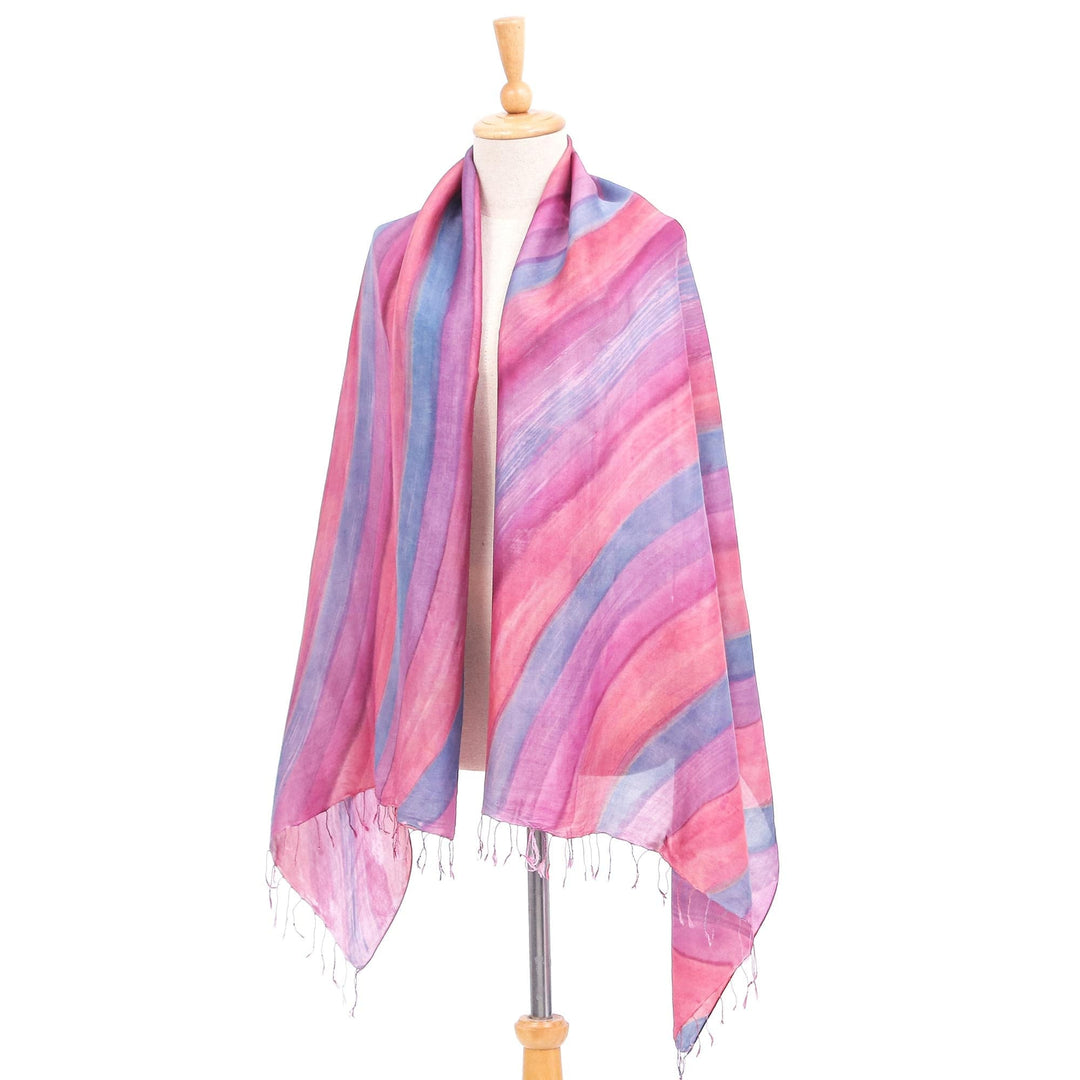 Hand-Painted Striped Silk Shawl - Flowing Water
