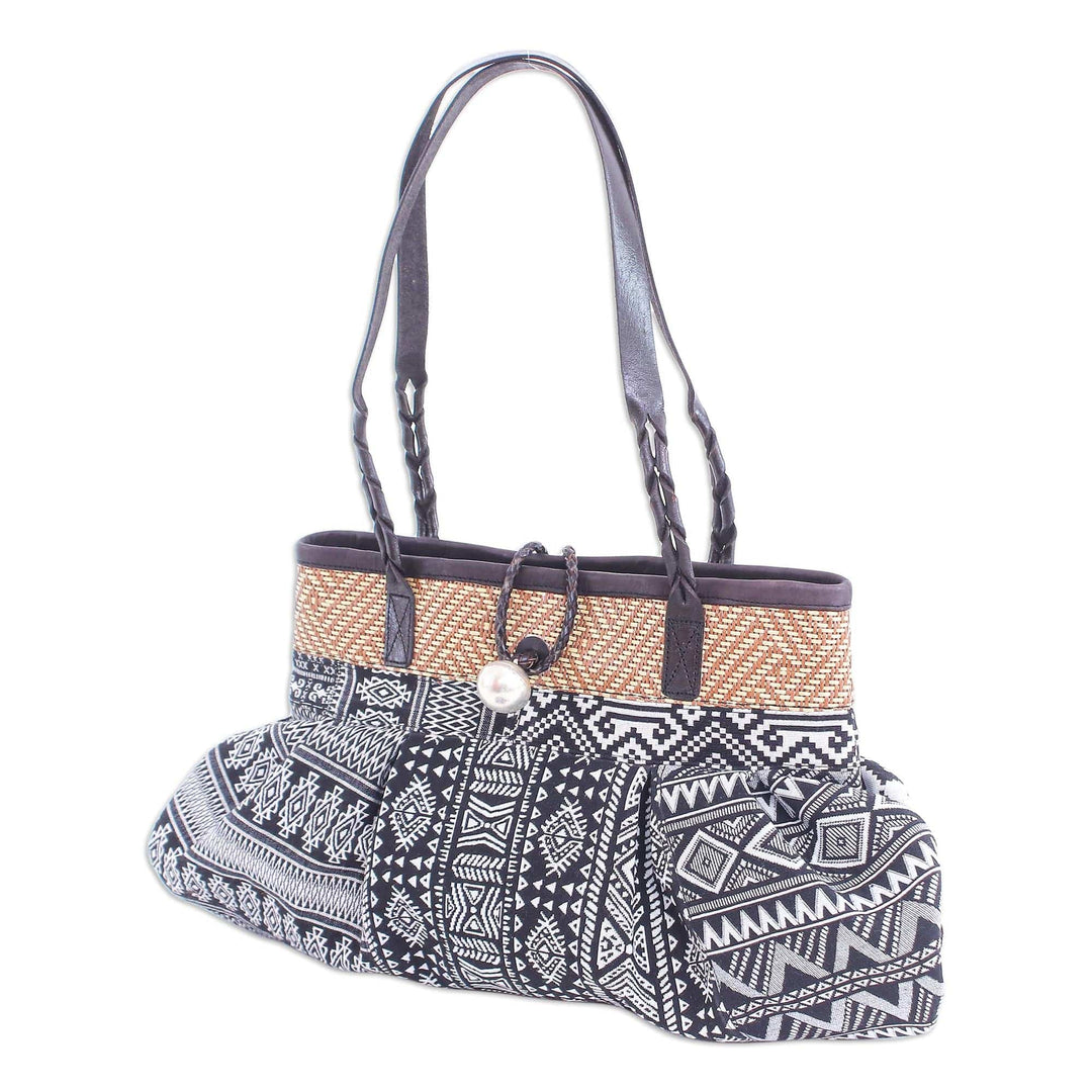 Black and White Cotton Blend Shoulder Bag - Breathe Easy in Black