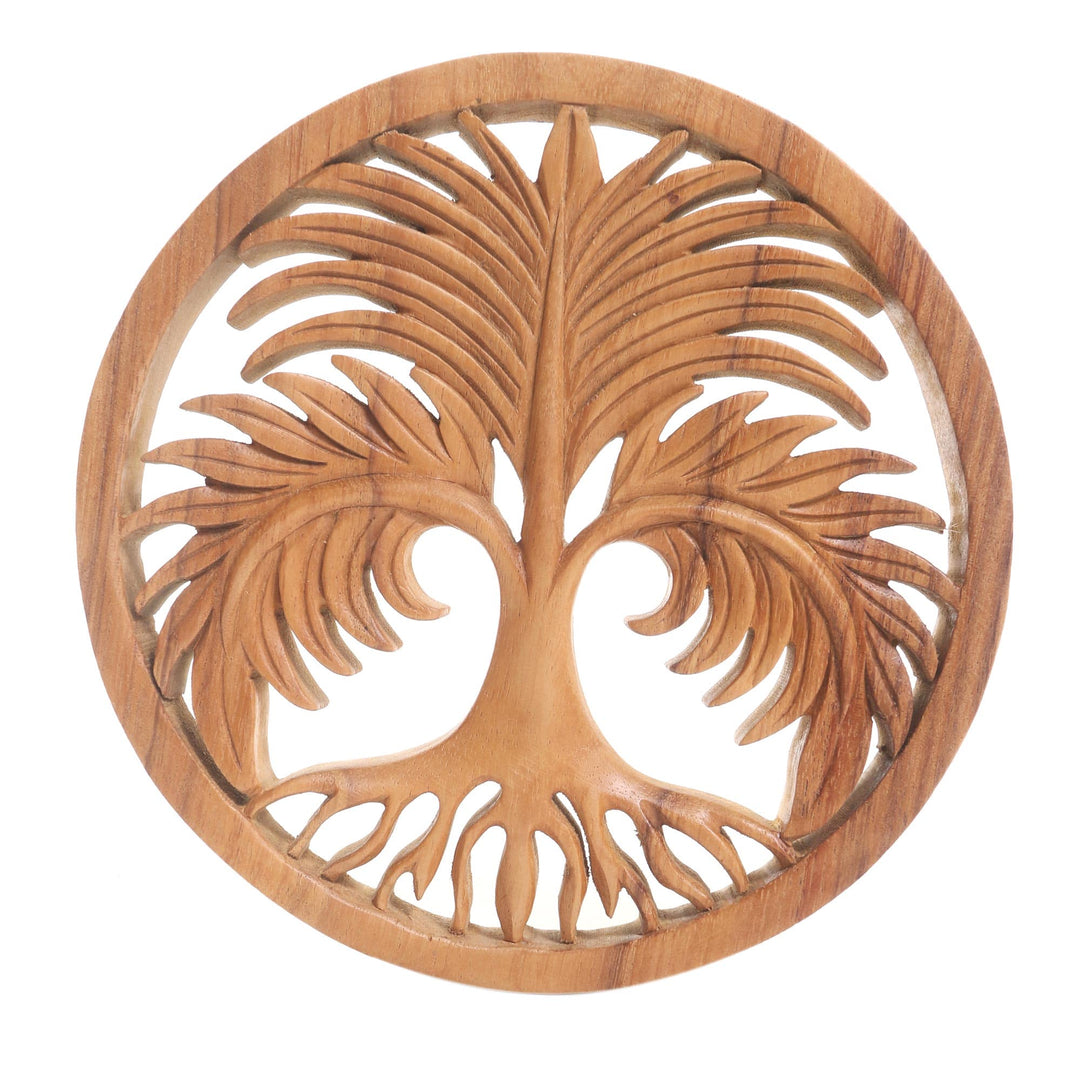 Handmade Suar Wood Palm Tree Relief Panel - Palm Garden