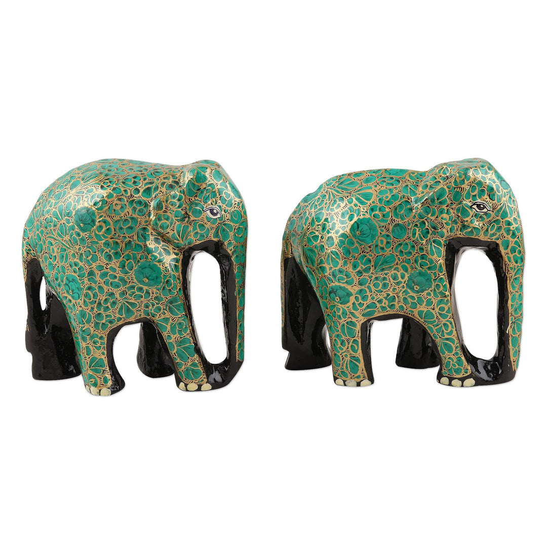 Handcrafted Papier Mache Elephant Statuettes (Pair) - Bond of Friendship in Green