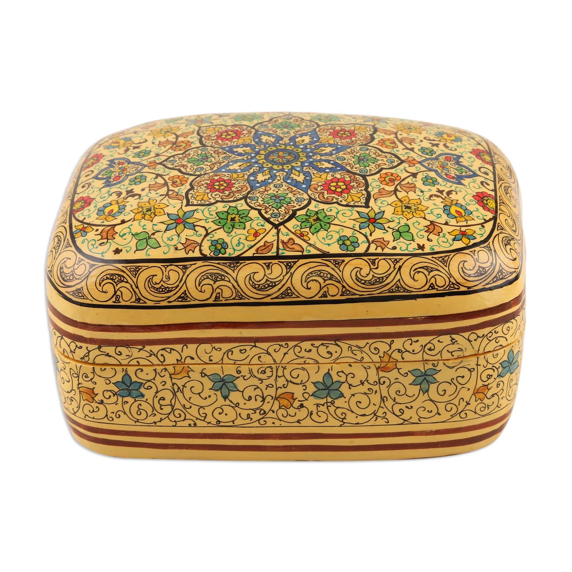 Blue and Gold Floral Paper Mache Jewelry and Trinket Box