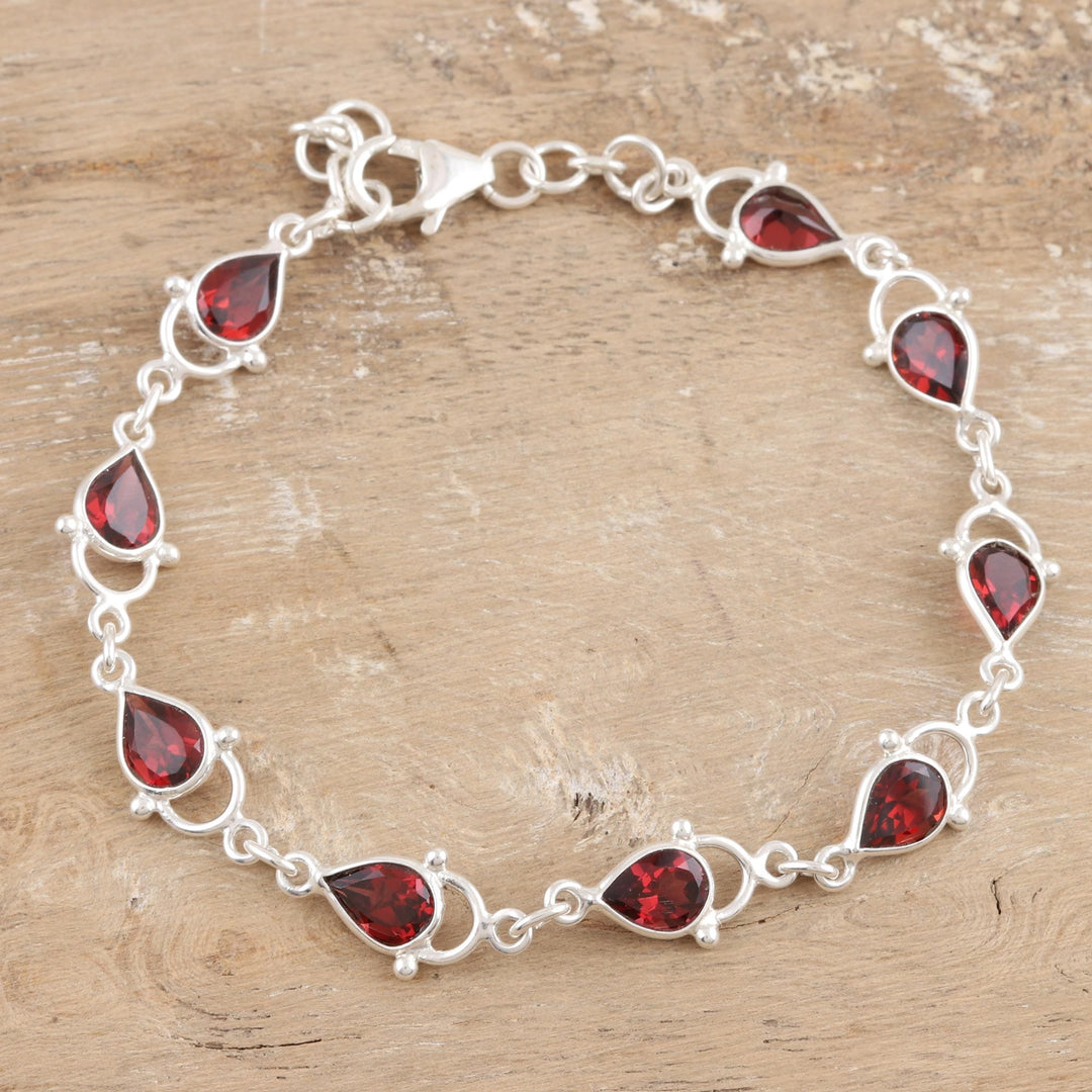 Indian Garnet and Sterling Silver Link Bracelet - Gleaming Drops