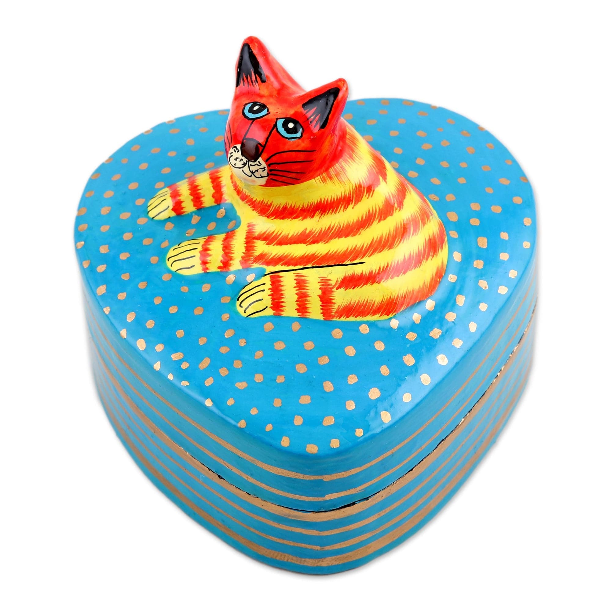 HandPainted Papier Mache Box with Cat Motif Cat Love GlobeIn