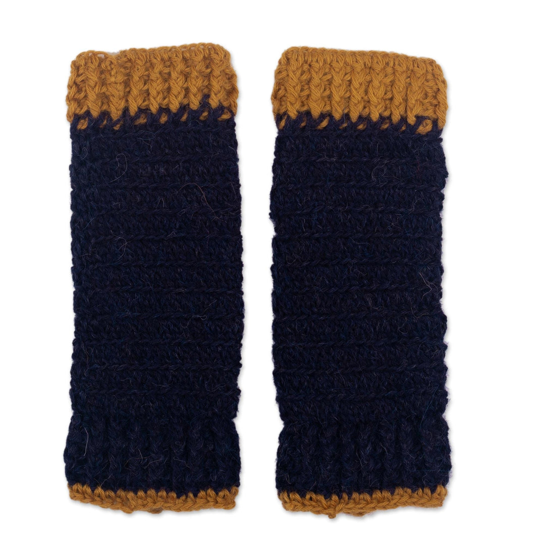 100% Alpaca Blue and Gold Crocheted Fingerless Mitts Peru - Cusco Dawn