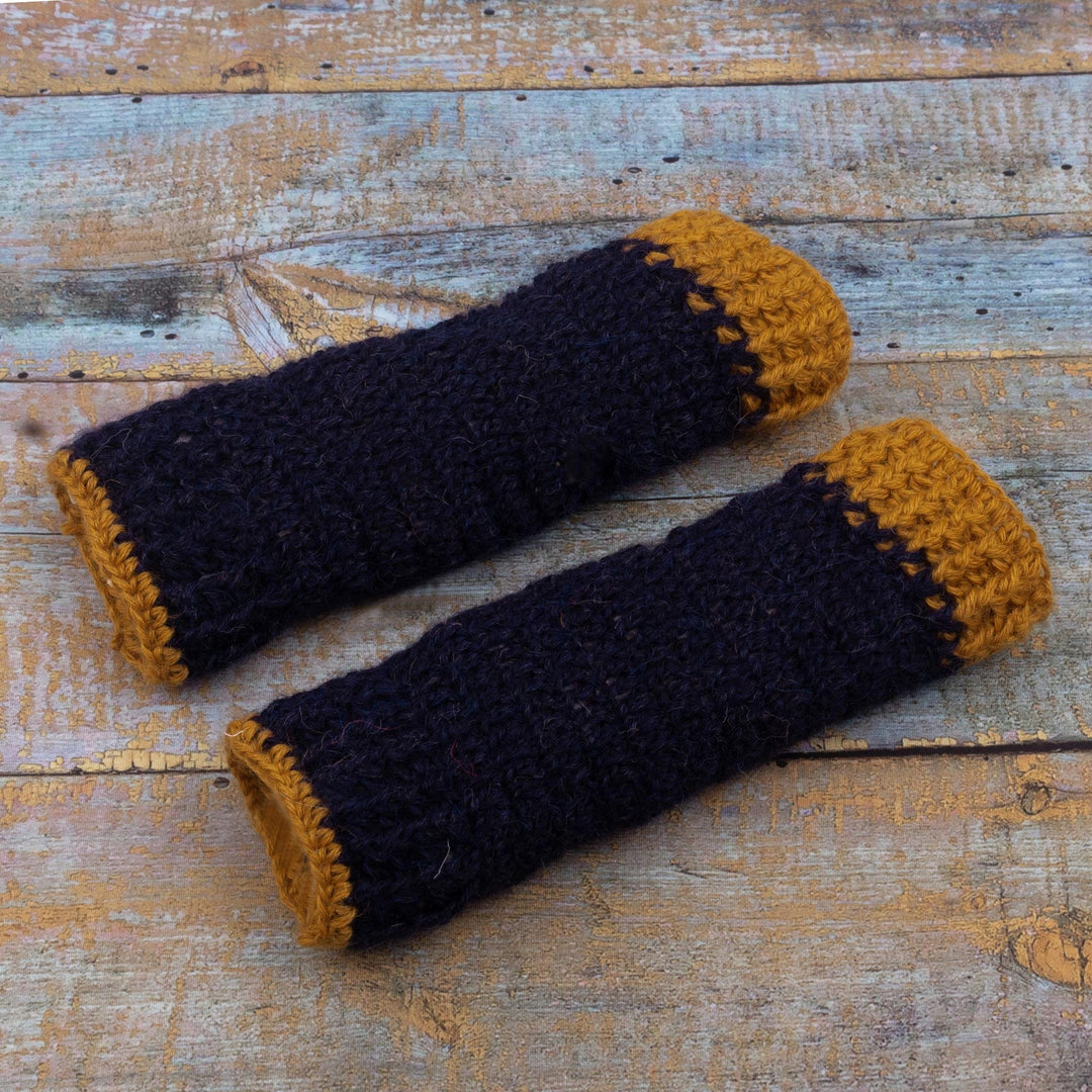 100% Alpaca Blue and Gold Crocheted Fingerless Mitts Peru - Cusco Dawn