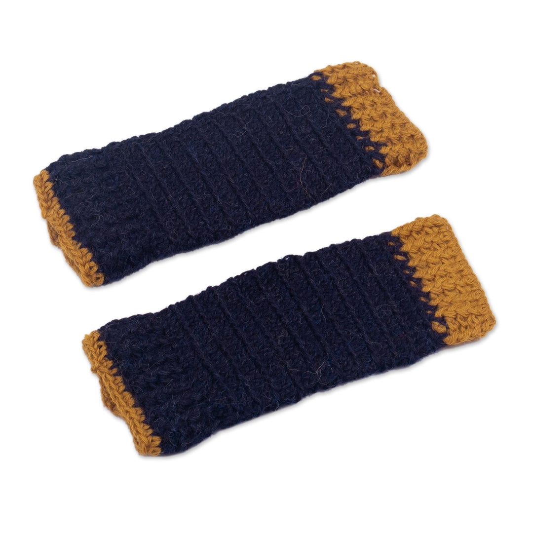 100% Alpaca Blue and Gold Crocheted Fingerless Mitts Peru - Cusco Dawn