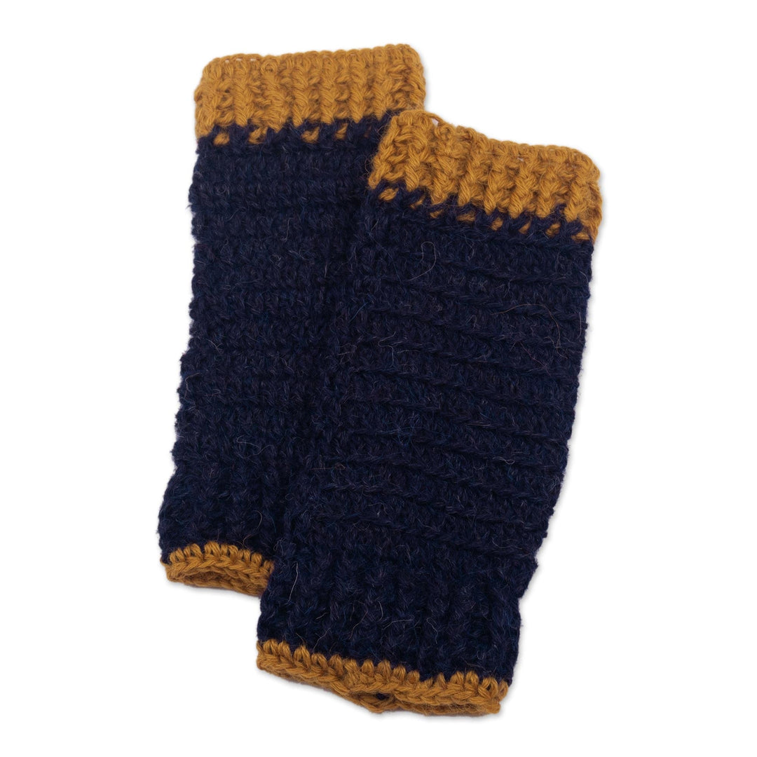 100% Alpaca Blue and Gold Crocheted Fingerless Mitts Peru - Cusco Dawn
