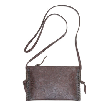 Engraved Leather Sling Bag from Bali - Subtle Signs in Brown