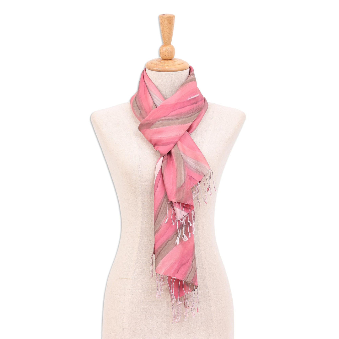 Hand-Painted Striped Silk Scarf - Pink Vine