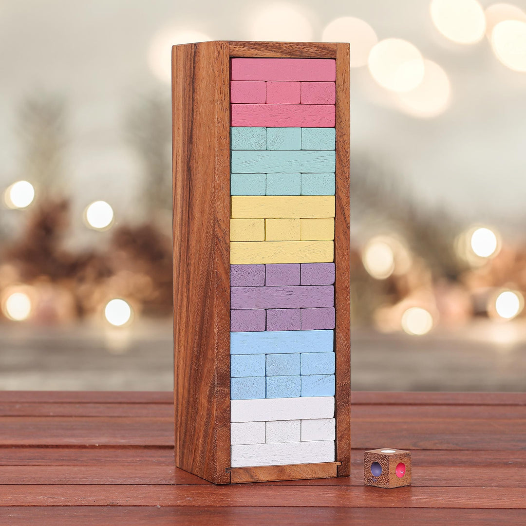 Thai Raintree Wood Stacking Puzzle - Colorful Balance in Medium