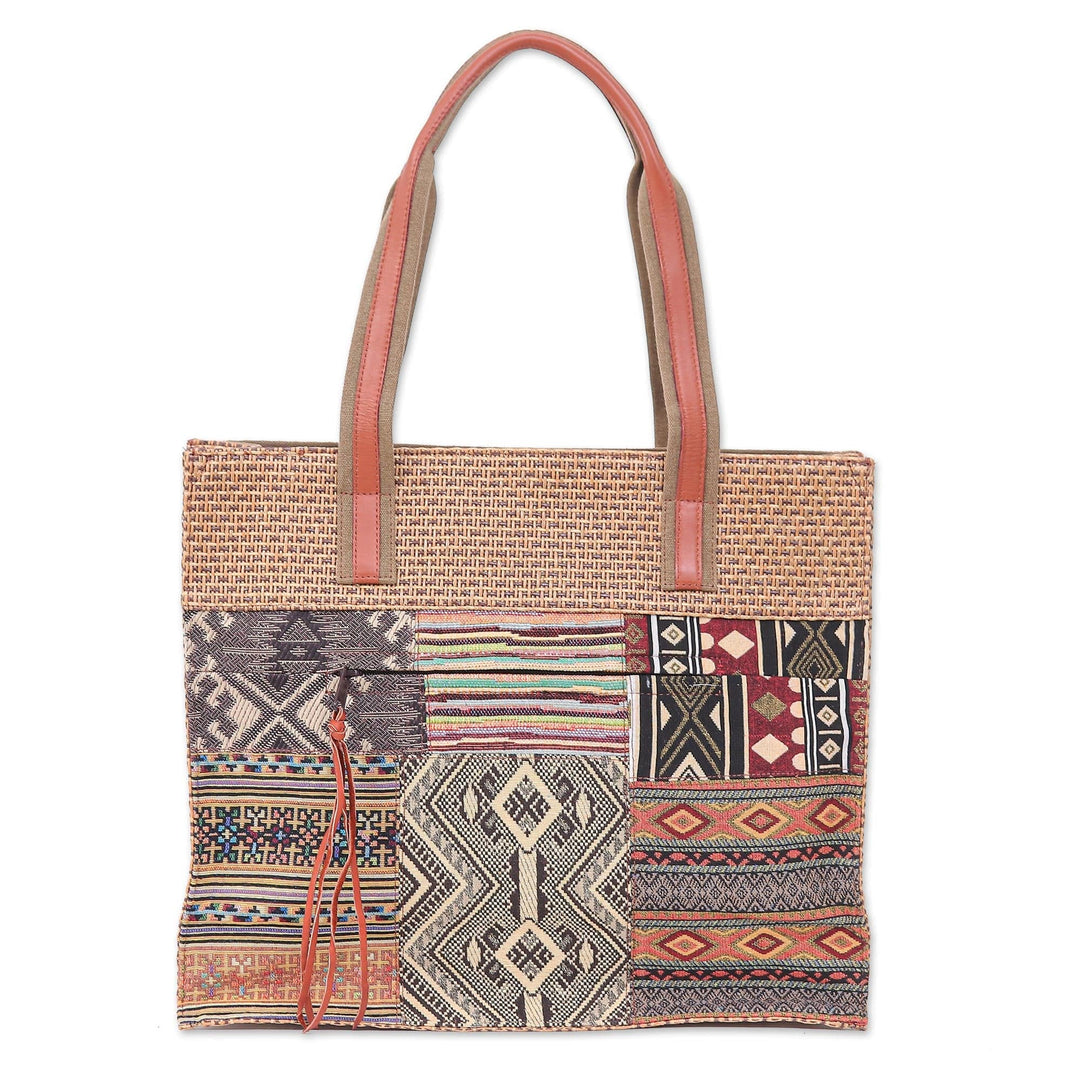 Patchwork Cotton Tote Bag with Leather Handle - Chill Night in Yellow