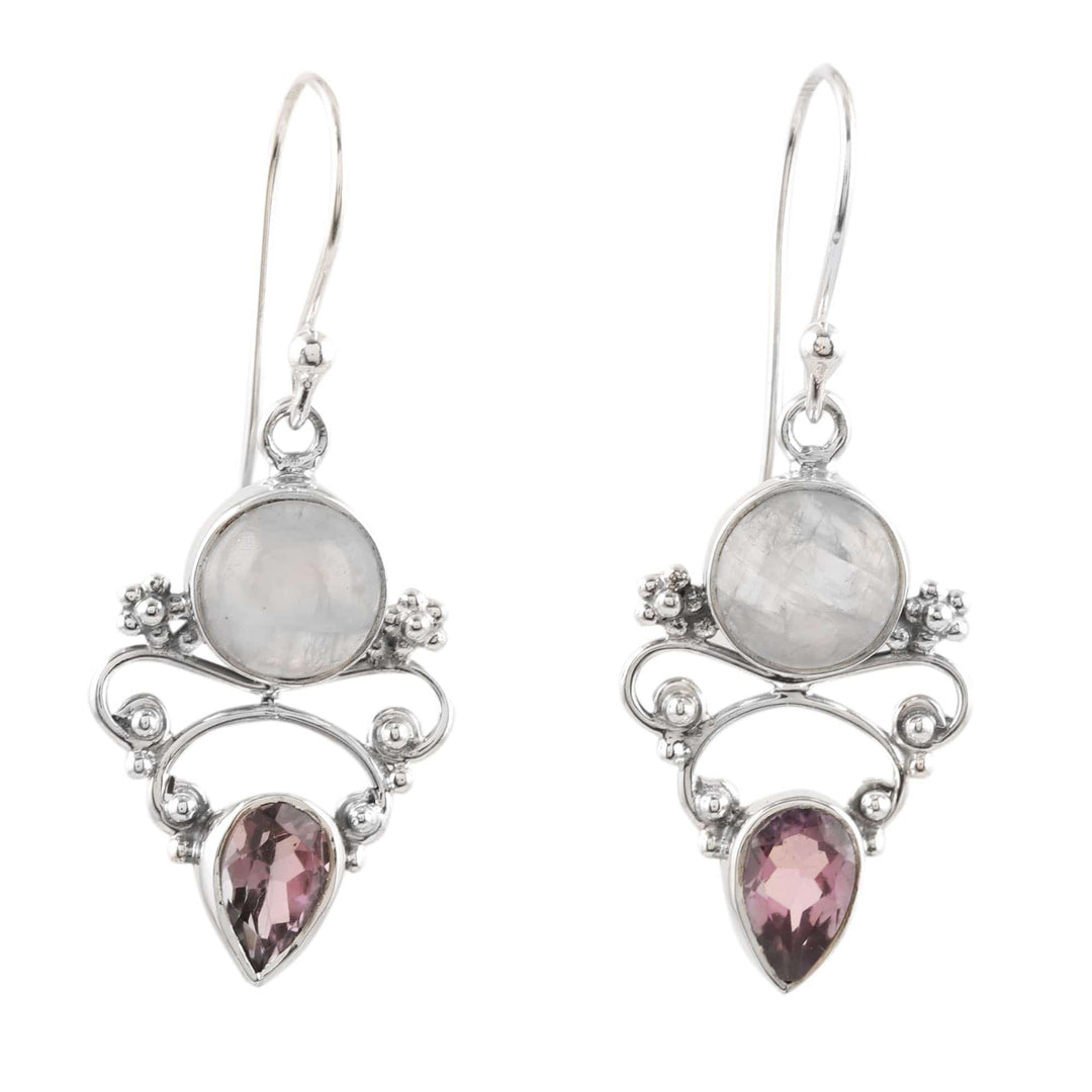 Amethyst and Rainbow Moonstone Dangle Earrings - Mystic Tide