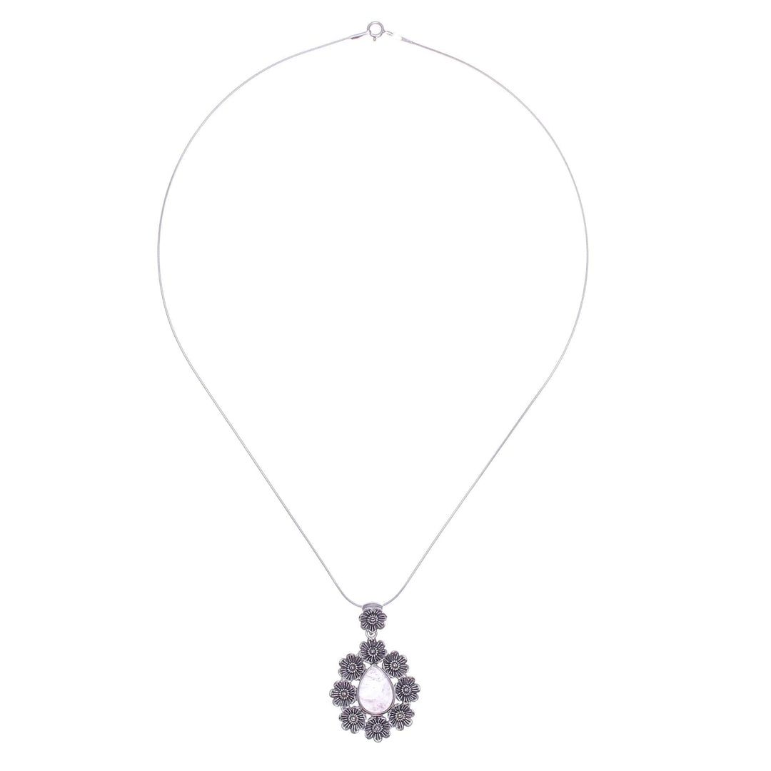 Rose Quartz Pendant Necklace with Floral Motif - Crowned Beauty in Light Pink