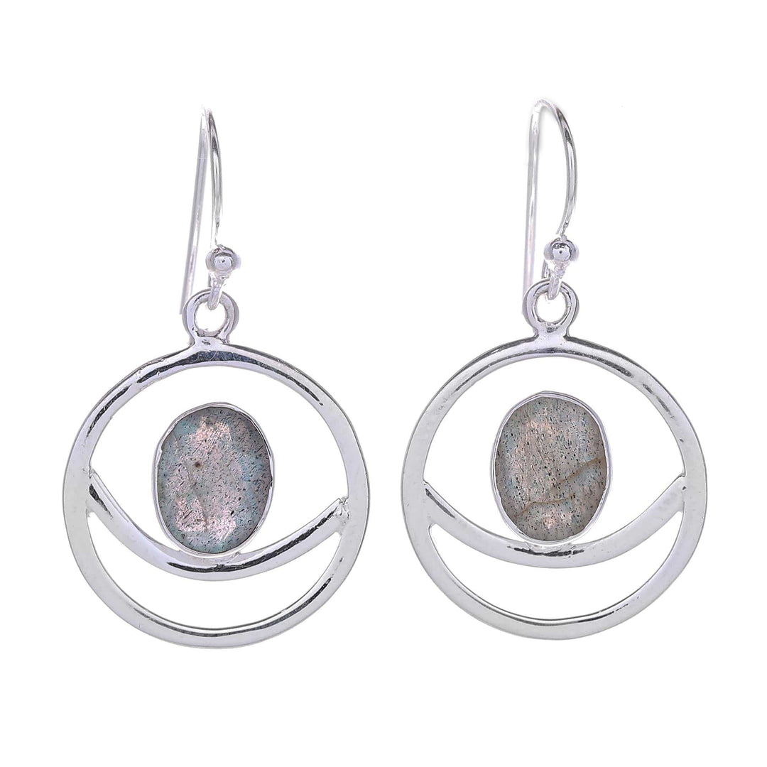 Hand Crafted Labradorite Dangle Earrings - Grinning Moon in Iridescent