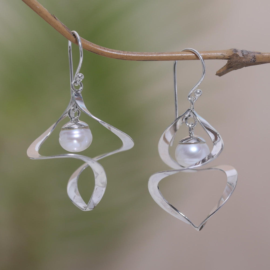 Sterling Silver and Cultured Peach Pearl Dangle Earrings - Winter Whirl
