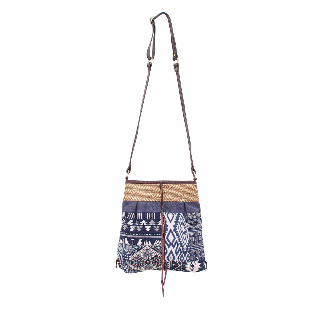 Thai Leather-Accented Cotton Blend Sling Bag in Blue - Intermission in Blue