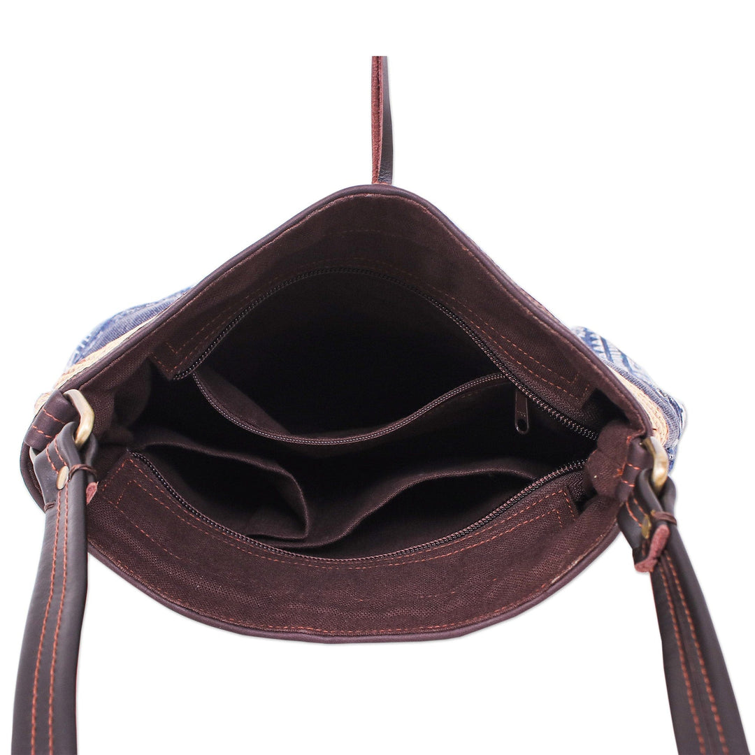 Thai Leather-Accented Cotton Blend Sling Bag in Blue - Intermission in Blue