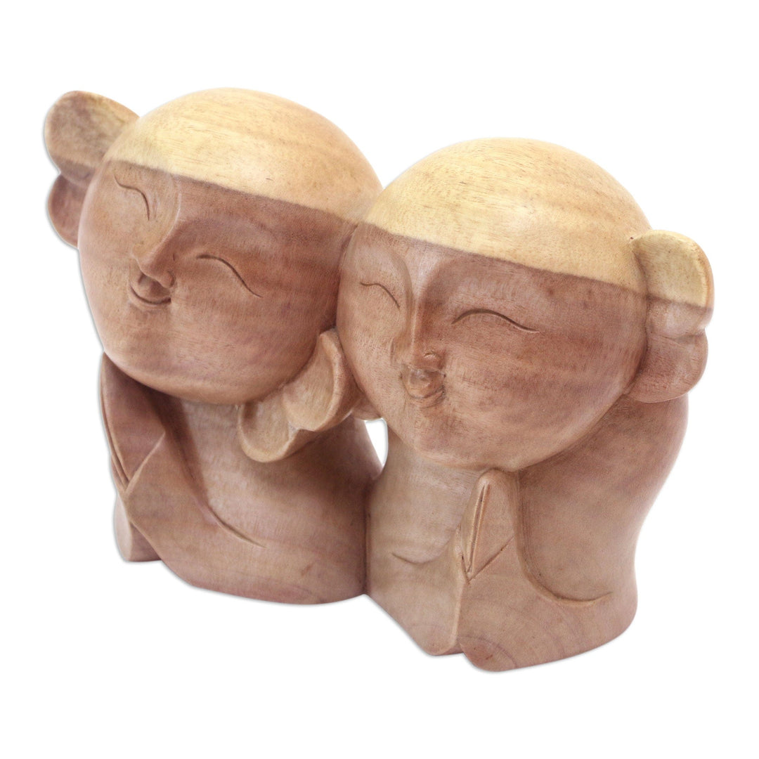 Artisan Crafted Wood Sculpture - Twin Jizo