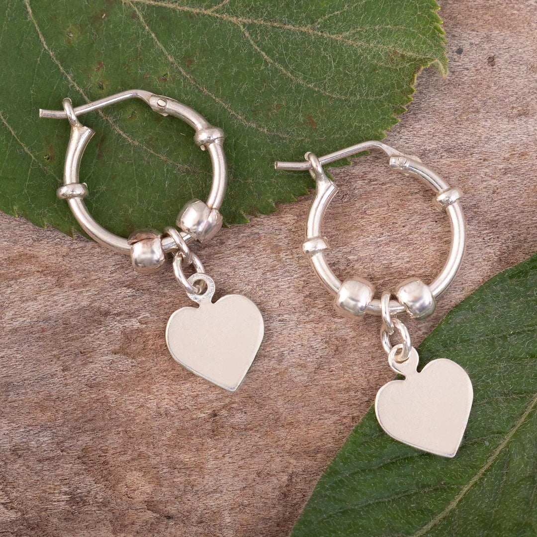 Polished Sterling Hoop Dangle Earrings - Heart Center