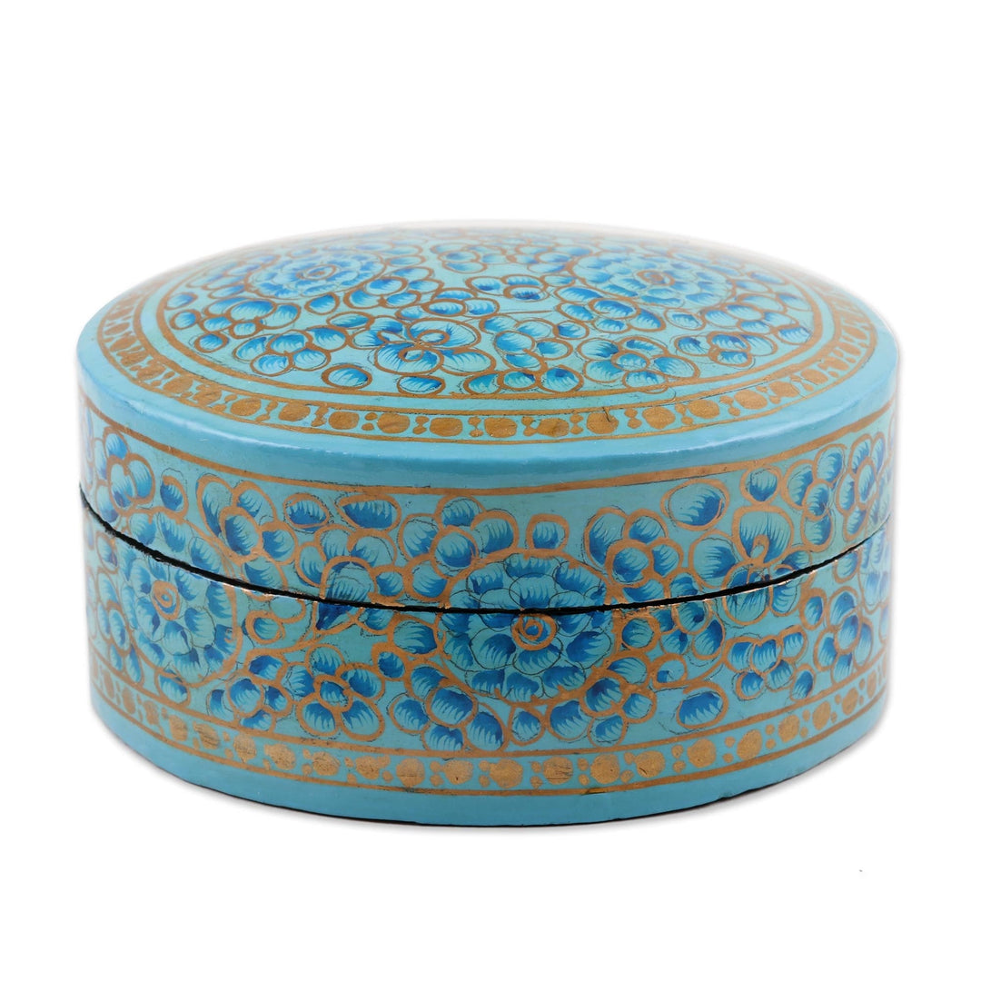 Blue Floral Papier Mache and Wood Oval Decorative Box - Blue Blossoms