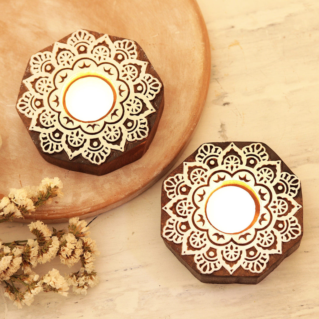 Hand Crafted Wood Tealight Candle Holders (Pair) - Magic Belief