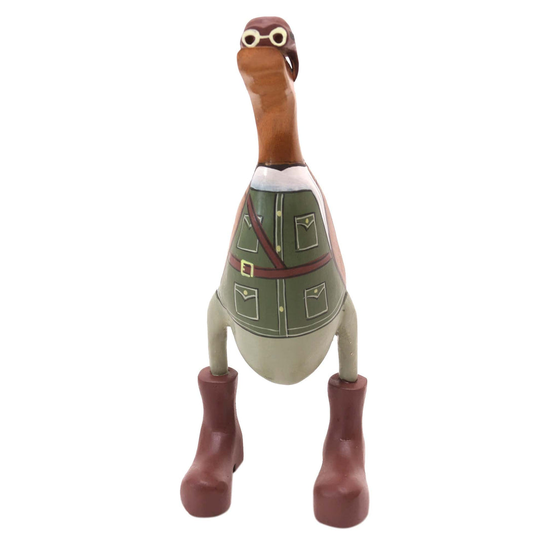 Teak Wood Duck Statuette with Soldier Motif - Soldier Duck