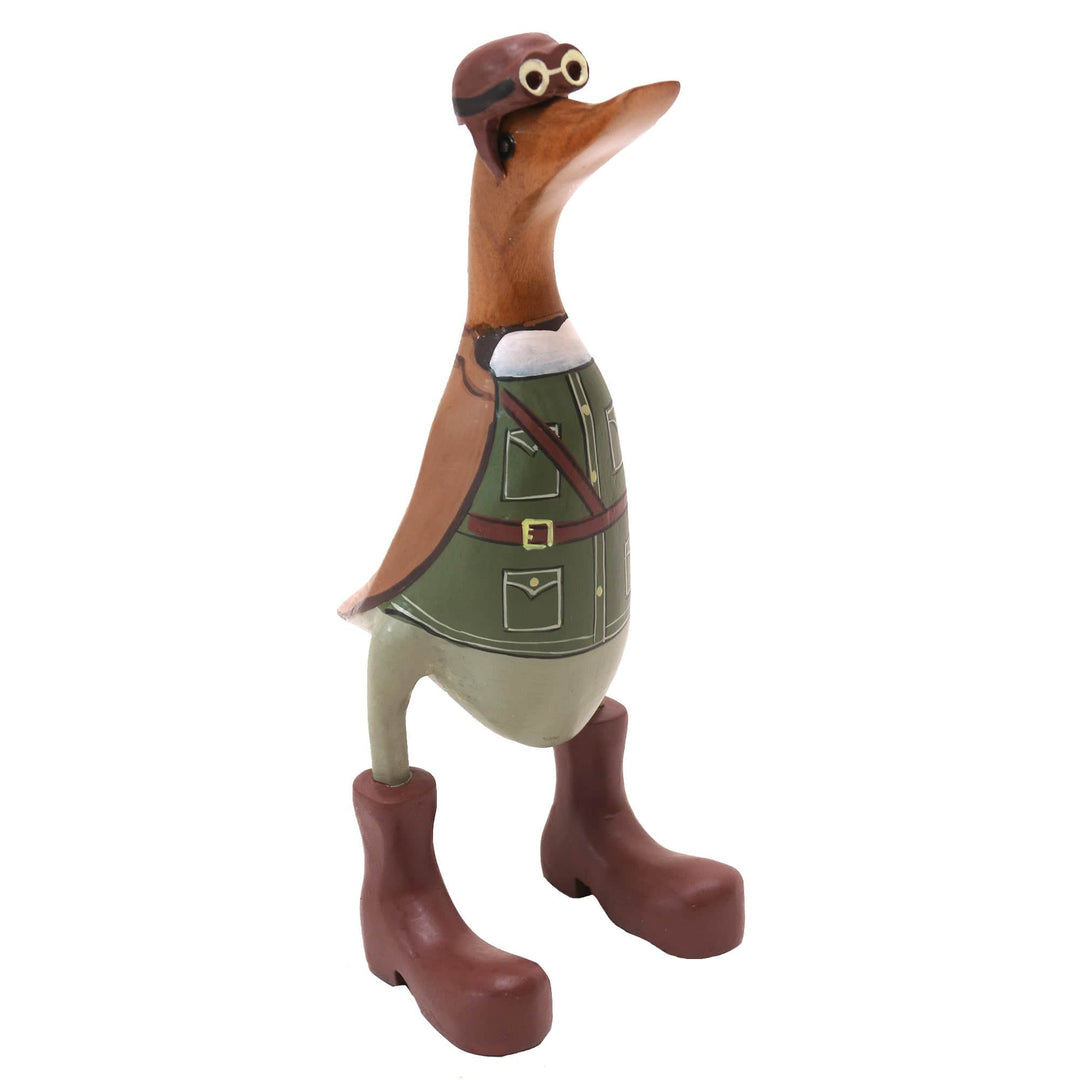 Teak Wood Duck Statuette with Soldier Motif - Soldier Duck
