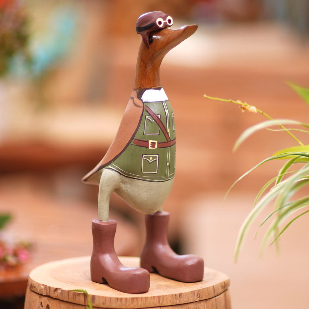 Teak Wood Duck Statuette with Soldier Motif - Soldier Duck