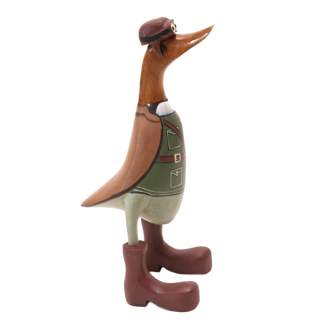 Teak Wood Duck Statuette with Soldier Motif - Soldier Duck