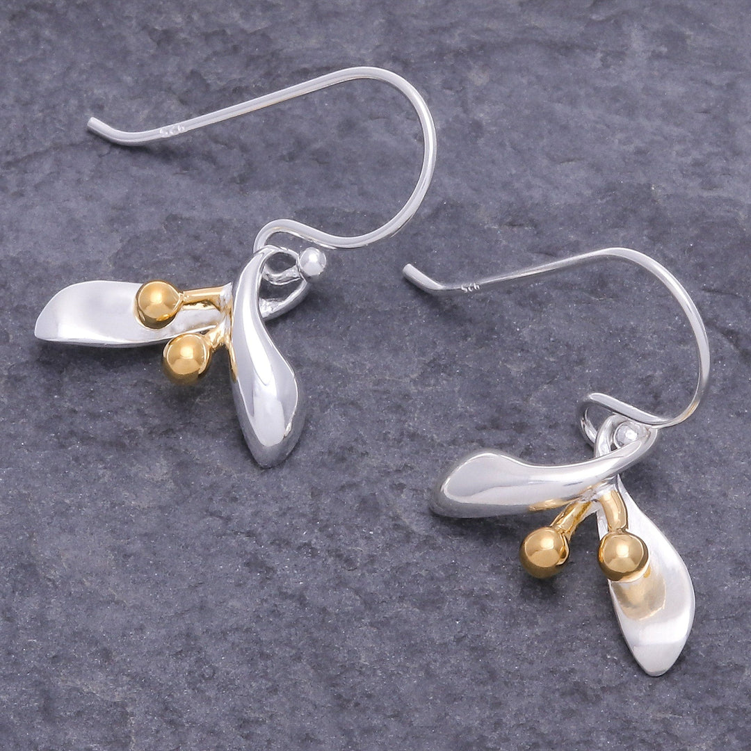 Sterling Silver Floral Dangle Earrings with 18k Gold Accents - Golden Floral Charm
