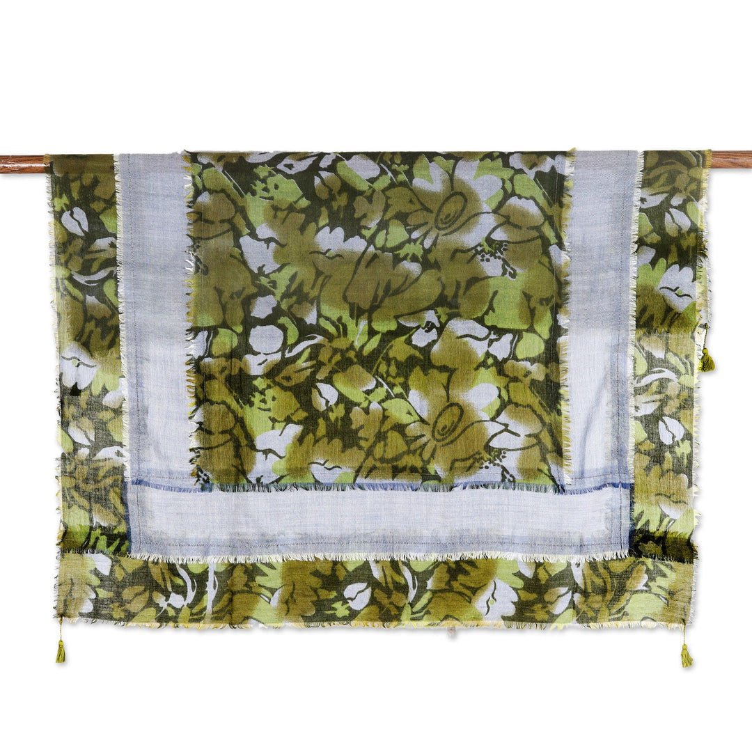 Floral Patched Wool Scarf with Tassels Woven in - Olive Bliss